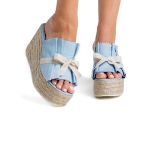 Beautiisoles Noelle Espadrille Bow Platform Wedge Sandals in Blue Leather Sz 11